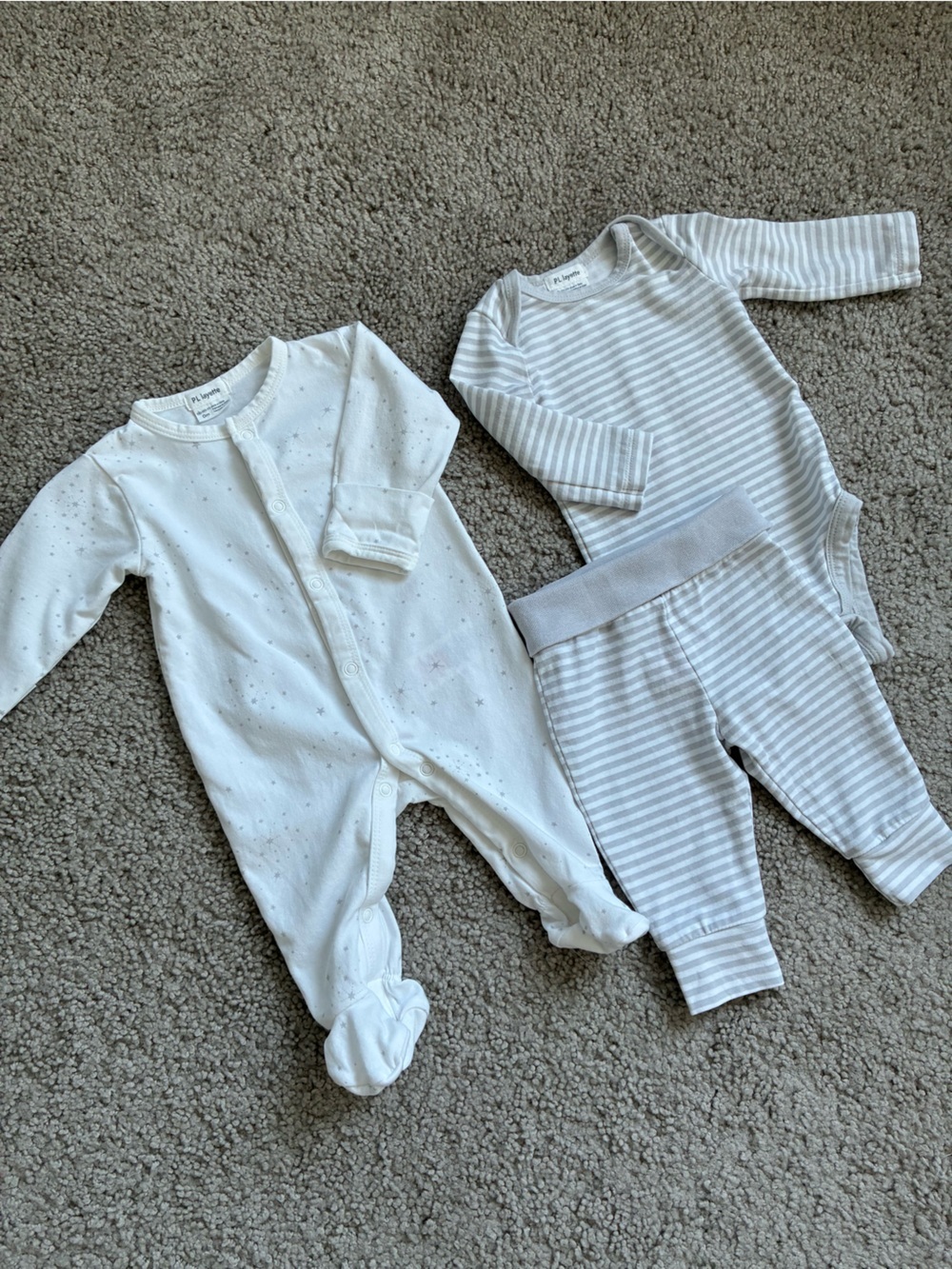 Petit Lem Layette white and Light Gray Striped Baby Set